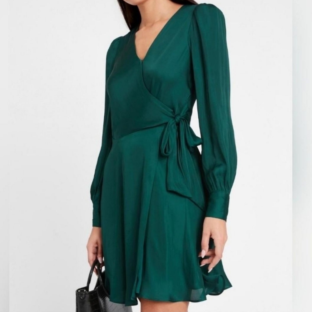 BR Satin Puff-Sleeve Wrap Dress